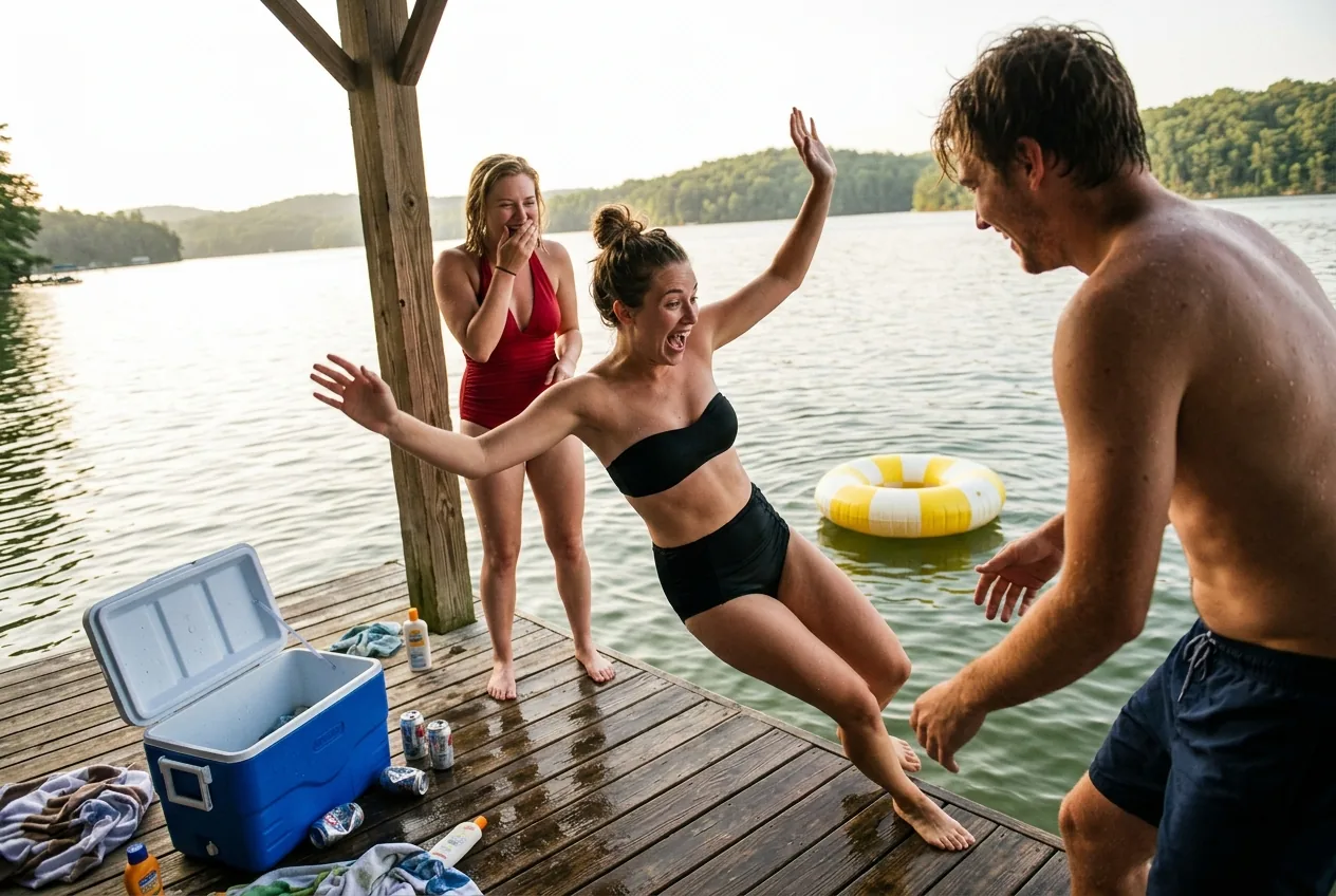 Three friends on a lake dock reacting to one being pushed into the water, early smartphone look, Nano Banana Pro