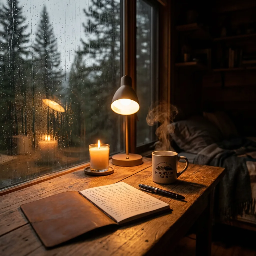 The keyframe the agent generated from the Rainy Night Study idea — a candle-lit cabin desk by a rain-streaked window, ready to animate into a looping video