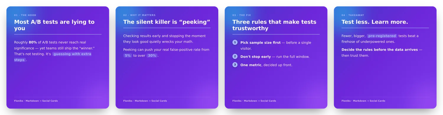 A four-card knowledge carousel generated from a single URL, with a cohesive theme, eyebrow labels, and highlighted key terms