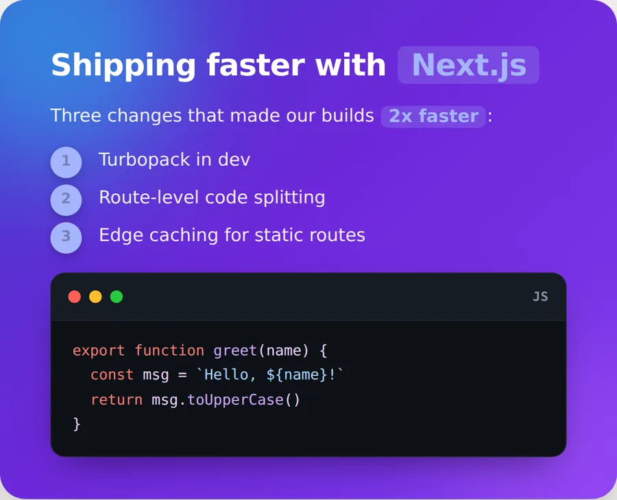 A single card rendering markdown with a syntax-highlighted code block, number badges, and highlighted key terms