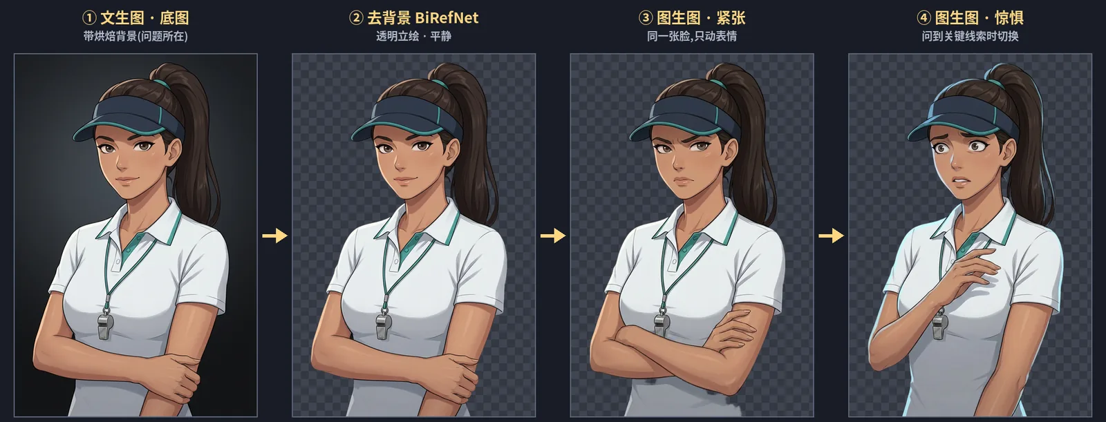 The portrait pipeline in four stages: text-to-image base with a baked background, background removal to a clean transparent sprite, then two image-to-image expression variants of the same face