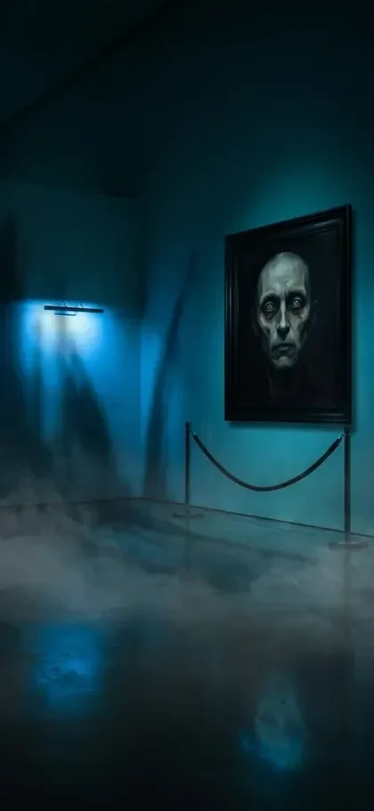 The Gazer scene: a clean gallery backdrop turned into an unsettling variant with image-to-image — one painting on the wall now watches you. The mild-horror mood is fully generated