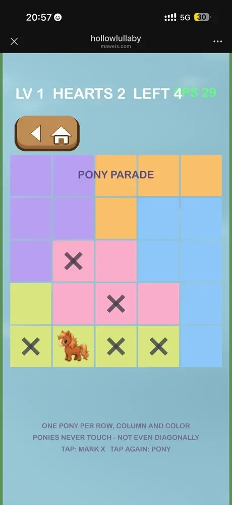 Pony Parade running: rounded tiles, a bold CJK title, and a hearts / countdown / streak HUD — reconstructed frame by frame by the agent from a reference video